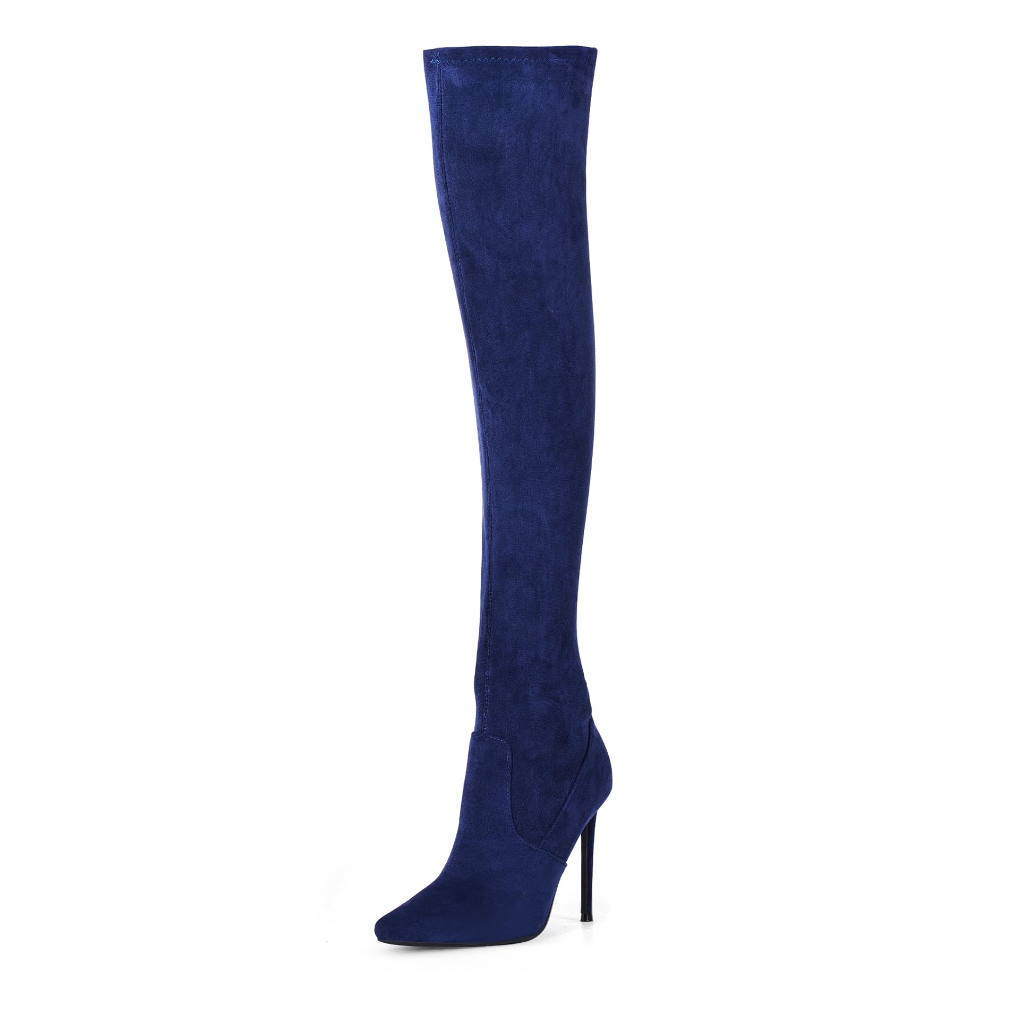 GENSHUO Botas altas hasta el muslo para mujer con tacón de 11 cm de alto, piel de ante sintética, punta sexy, botas largas con tacón de aguja