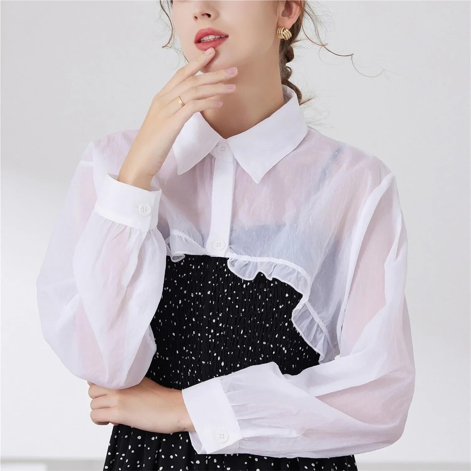 1 Pz Donna Manica Lunga Collare Finto Femminile Risvolto Bottone Imbottiture Mezza Top Camicetta Camicia Colletto Staccabile Autunno Maglione Falso per Maglioni