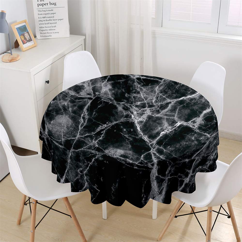 Chickwin Modern Round Tablecloth Marbling Pattern Waterproof Dust-Proof Polyester Fabric Outdoor Table Cloth Wipe Clean Table Cover Kitchen Garden Round Tabletop Decor (Black,120cm)