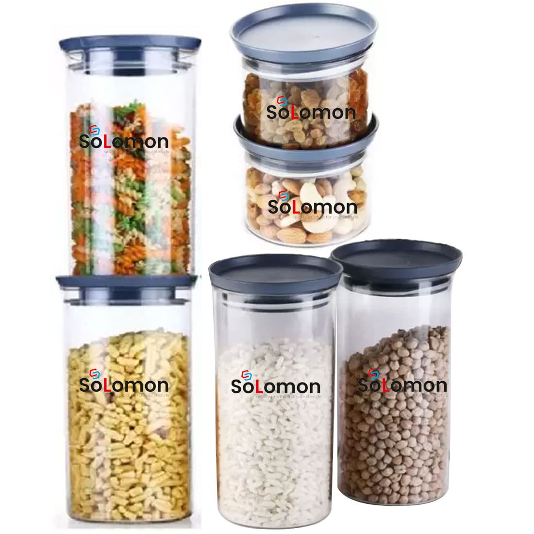 SOLOMON - quality product for your lifestyleSolomon™ XLLENT Unbreakable Sturdy Airtight Transparent Plastic Jar for Kitchen Grocery (500ML, 900ML, 1400ML) (Pack of 6, Grey)