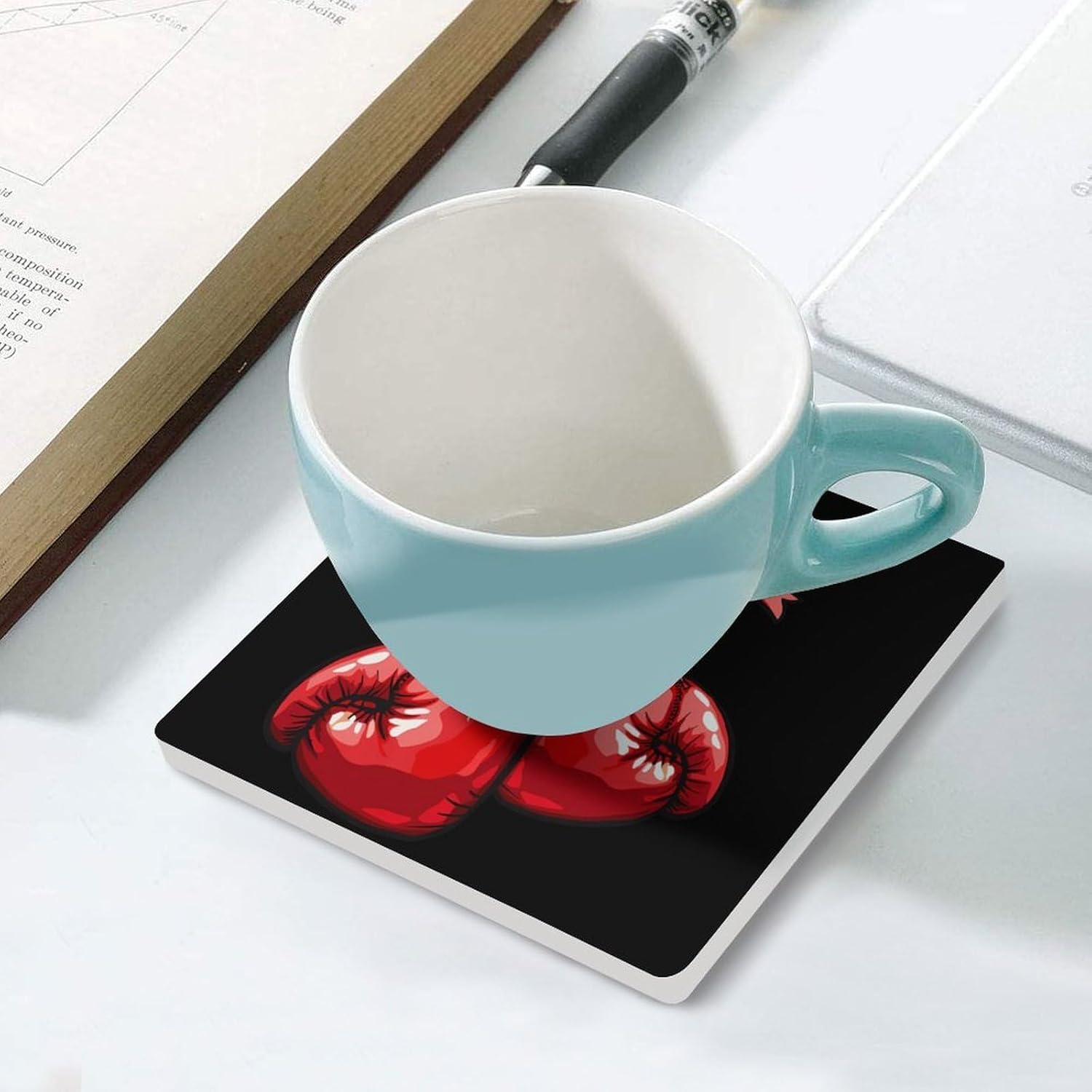 Red Boxing Gloves Coaster for Drinks Square Ceramic Table Coasters Stone Mat Crafts 4PCS Home Kitchen Decor