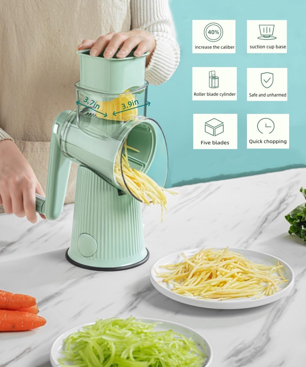 Rallador de Verduras Rotativo Rallador de Queso Manual con 10 Cuchillas Intercambiables con Caja para Guardar Las Cuchillas Cortadora de Verduras Ideal para Queso, Pepino, Zanahoria, Nueces（verde）
