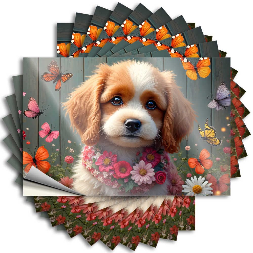 Floral Crowned Pup in Butterfly Garden Vintage Checkered DIY | Optical Illusion Tattoos Bottle Removable Vinyl Sticker Decal(6X9CM)