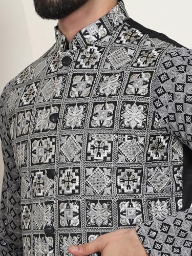 Image of SOJANYA (Since 1958 Men's Cotton Contrast Embroidered Kurta and White Pyjama with Embroidered Nehru Jacket