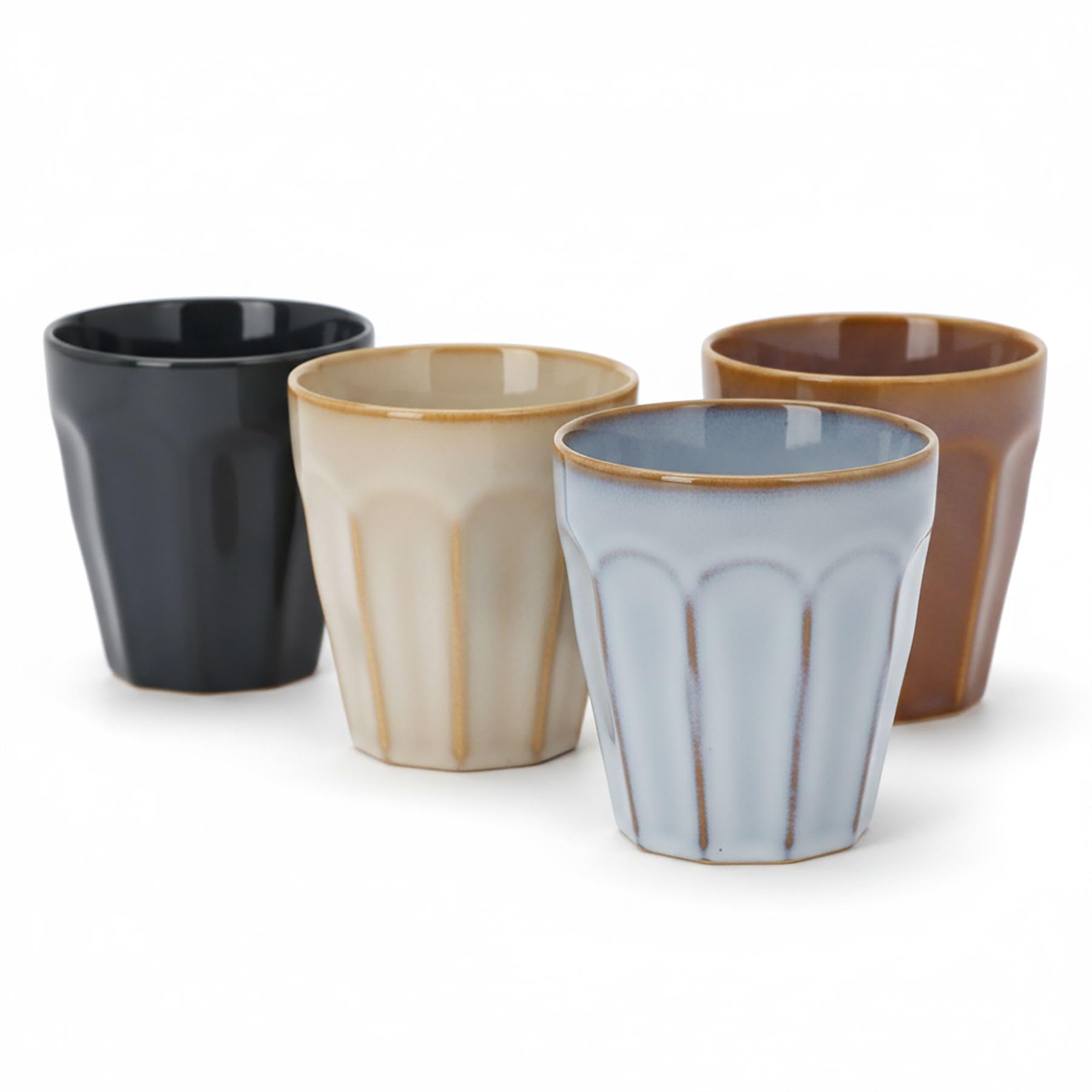 Carousel Home Set of 4 Reactive Glaze Tumbler Mugs, 250ml Multi Colour Ceramic Coffee Cups, Fluted Stoneware Mugs - 9.5cm