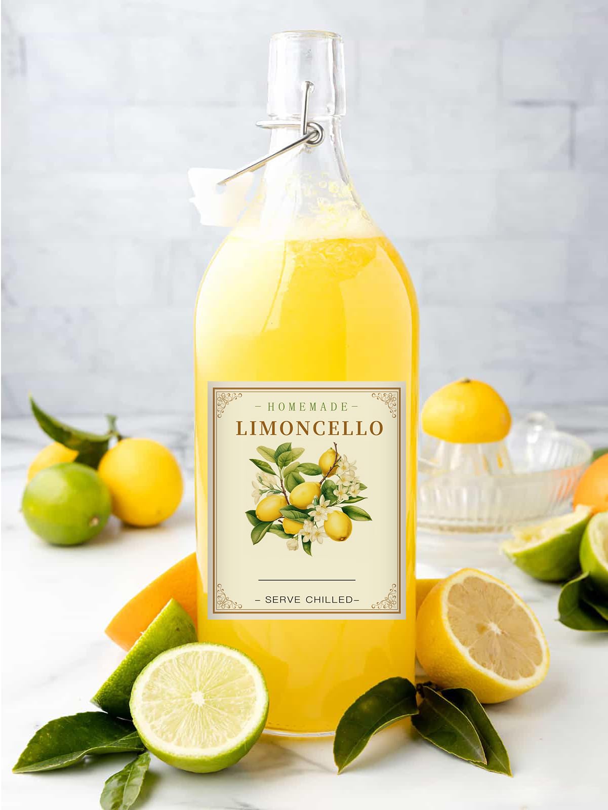 Limoncello - Etiquetas para botellas de limoncello caseras, 20 unidades, calcomanías de etiquetas de botellas de vidrio Limoncello, 2.5 x 3 pulgadas, elegantes calcomanías de vino de limón para bodas