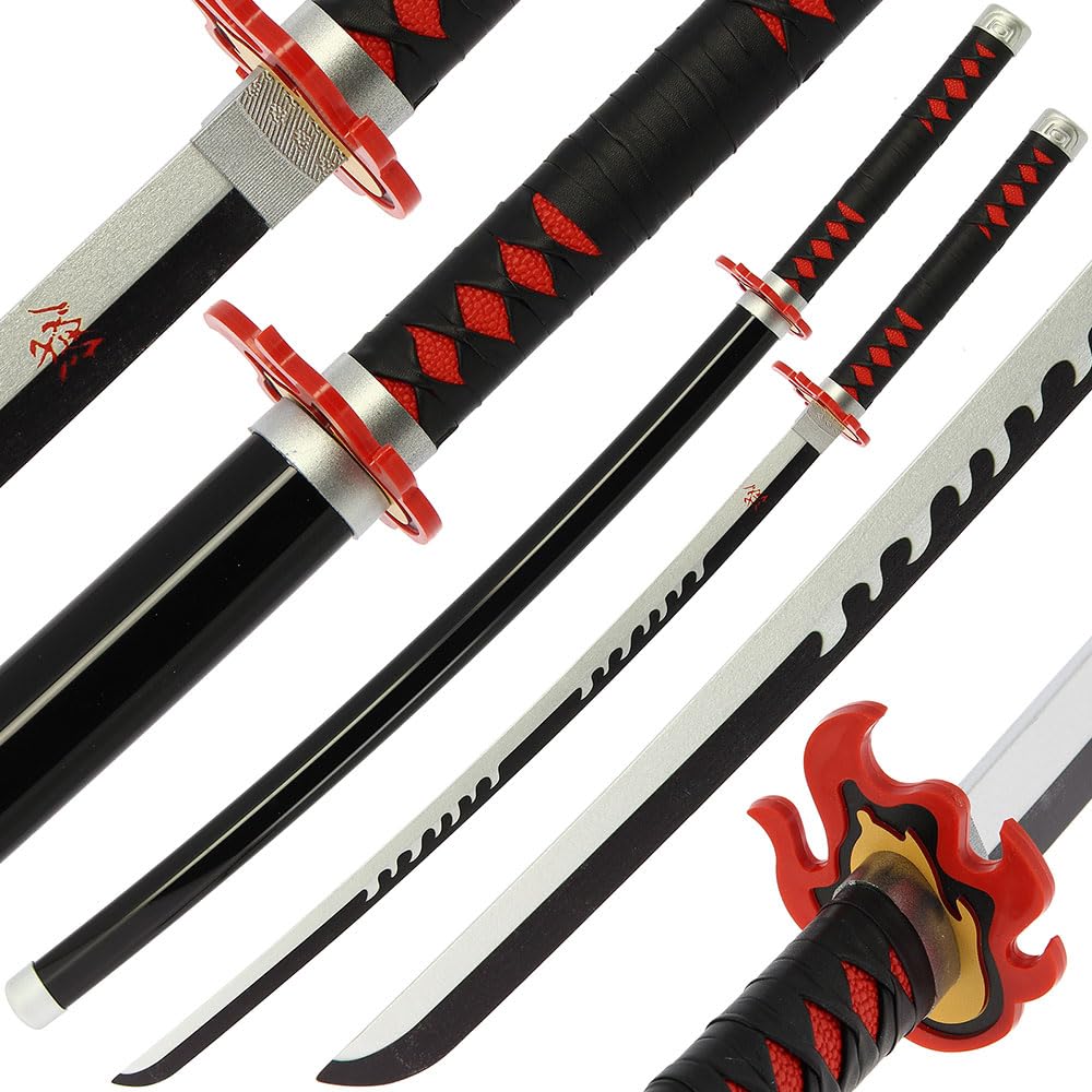 Bamboo Anime Katana Wooden Sword Prop Cosplay Katana Toy with Sheath 100cm (Tanjirous Fire)