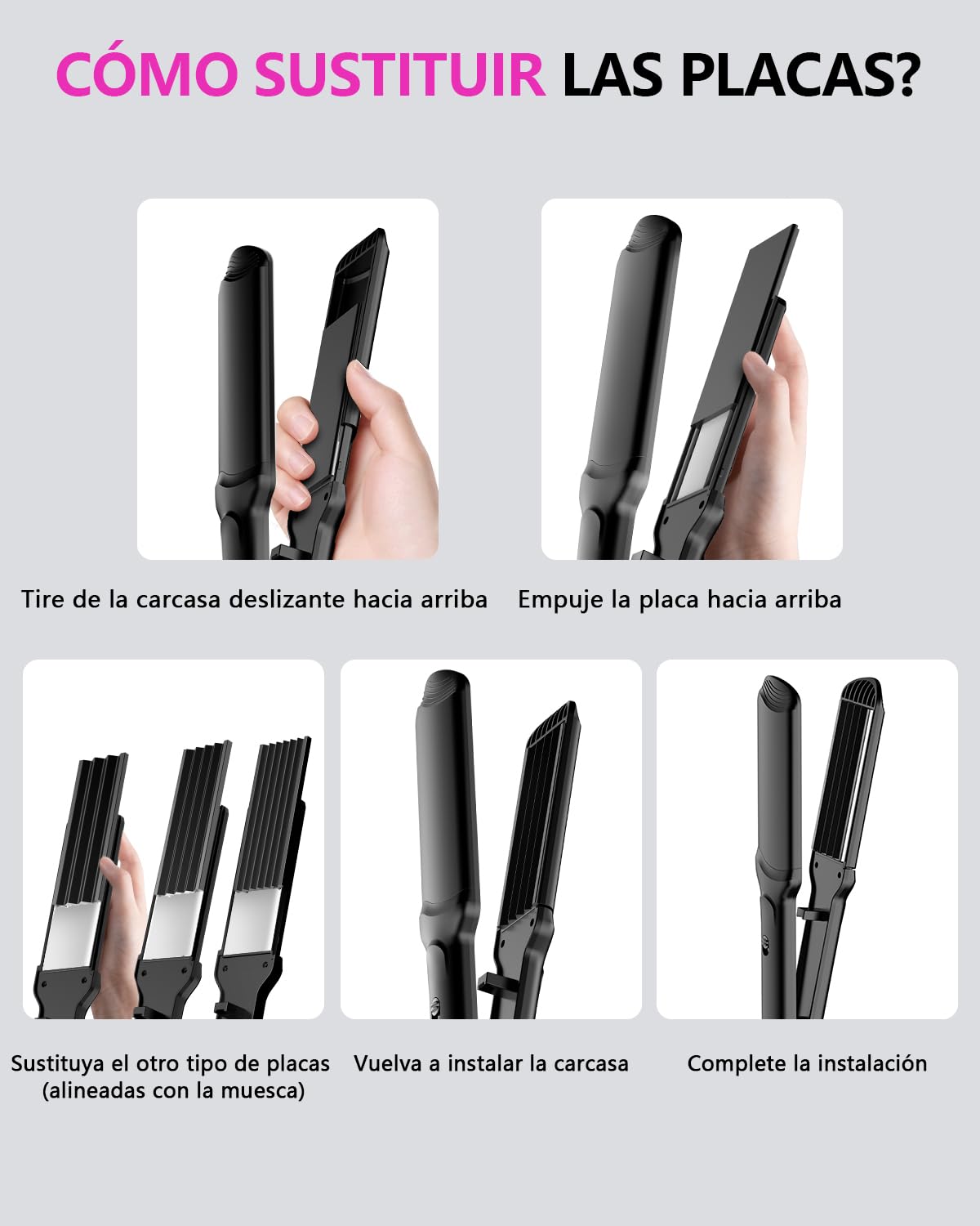 Plancha de crimpar, Beach Waves Plancha Ondas para Grandes Rizos con 4 Placas Intercambiables de CeráMica Rulos Ondulados Instantáneos Hair Straightener Fast Heating for All Hair Types