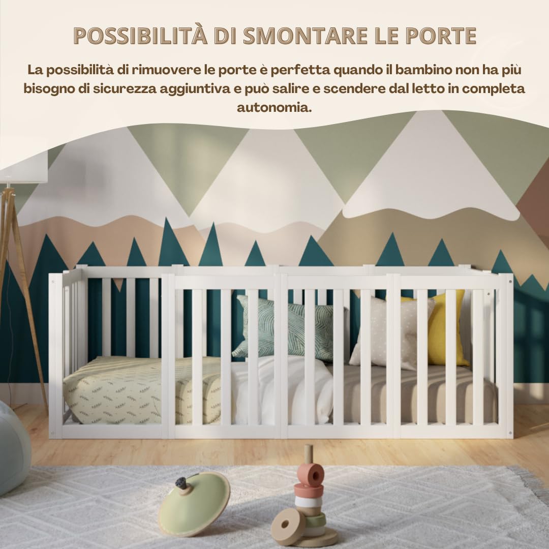 Letto per Bambini 180x90 cm – Letto Montessori a Pavimento con Alta Barriera di 73 cm Rimovibile – Legno Bianco con Superficie Liscia – Perfetto per Bambini e Bambine Crazy John