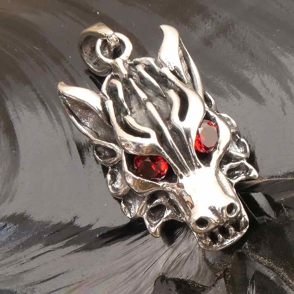 Wolf Schmuck glühende Augen Zirkonia Silber Anhänger Tier Wolfskopf Gothic Silberanhänger Männer Frauen