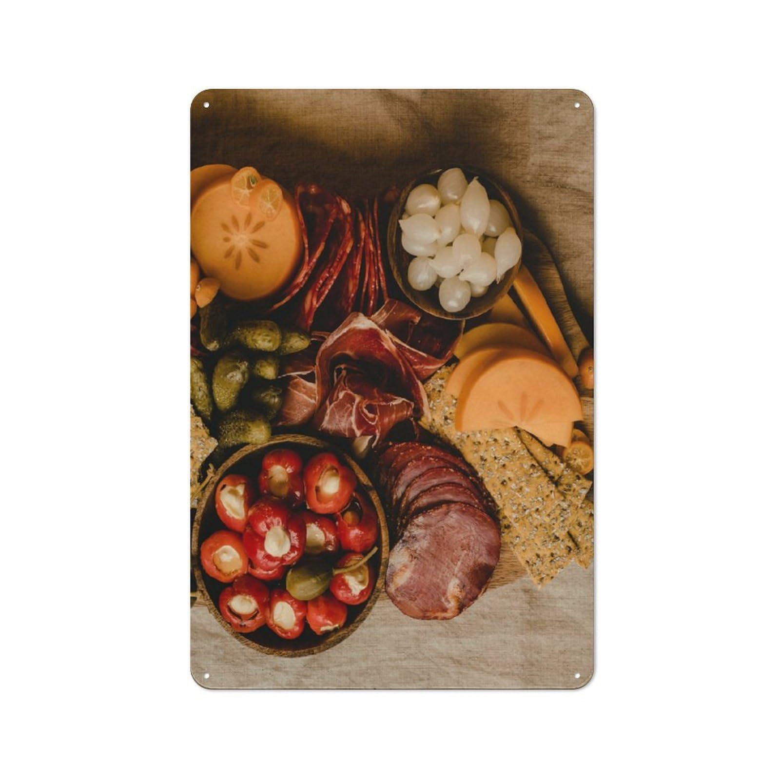30x20cm Rustic Tin Wall Plaque with Gourmet Charcuterie Board Still Life for Home Bar Wall, for Home Interiors, Feature Walls And Decorative Displays