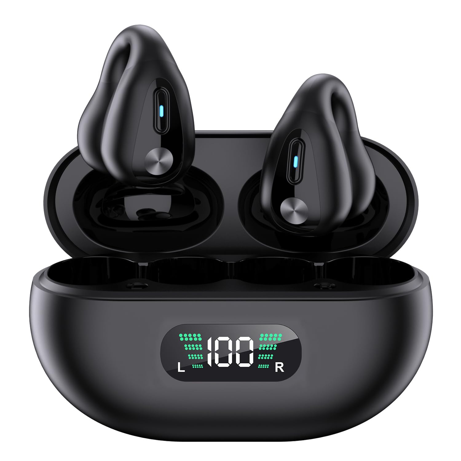 Open-Ear Wireless Headphones Bluetooth Clip On Mini Earbuds Charging Case Ear Buds Sports Bone Conduction Headphones Earphones for TV Phone Laptop Music (Black)-image-43