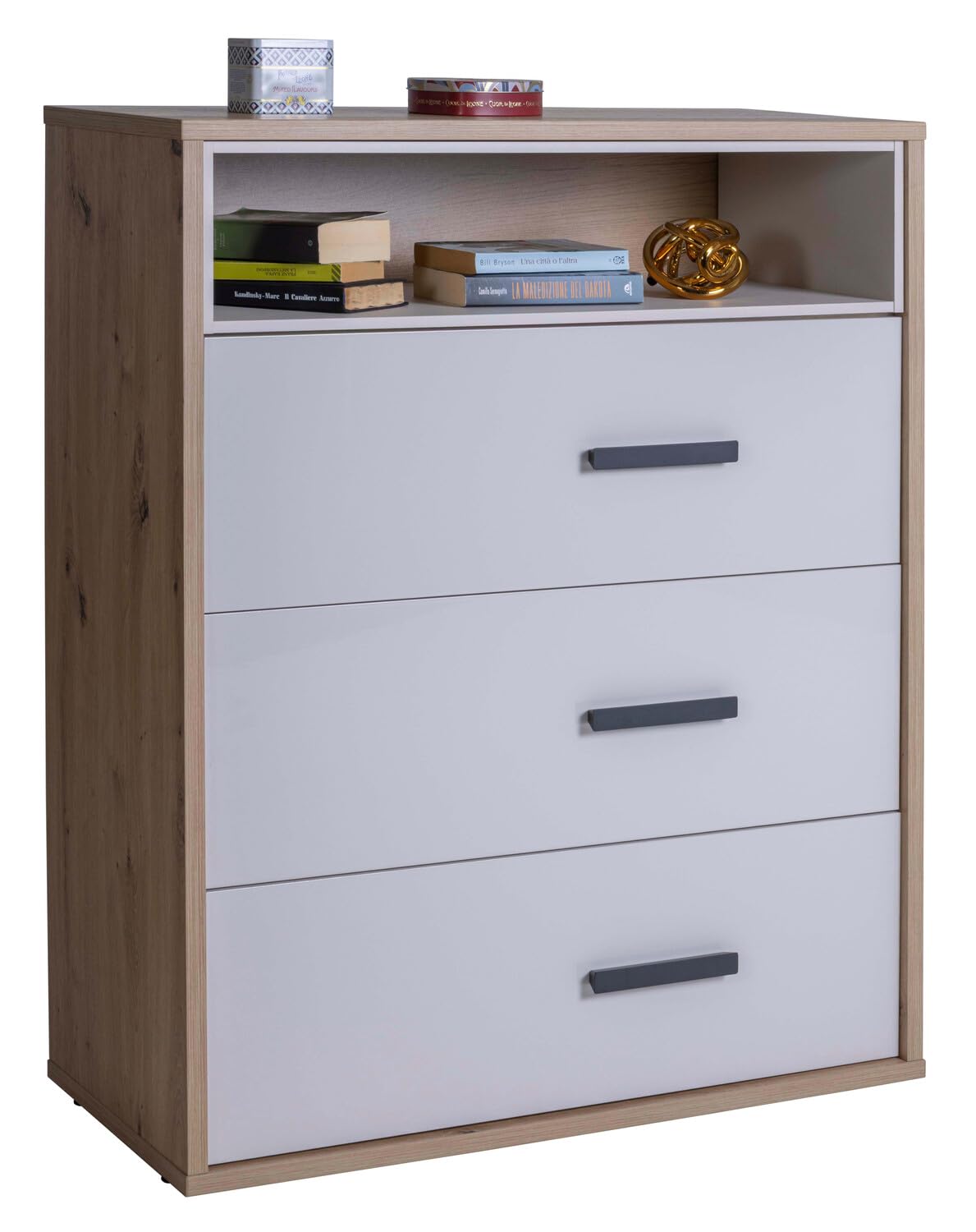 Composad | Cassettiera della Linea MIPIACE con 3 Cassetti per Cameretta, Mobile Contenitore per Bambini e Ragazzi, (LxAxP):89,3x112,1x40,5 cm, Rovere Mielato e Grigio Cashmere Laccato, Made In Italy