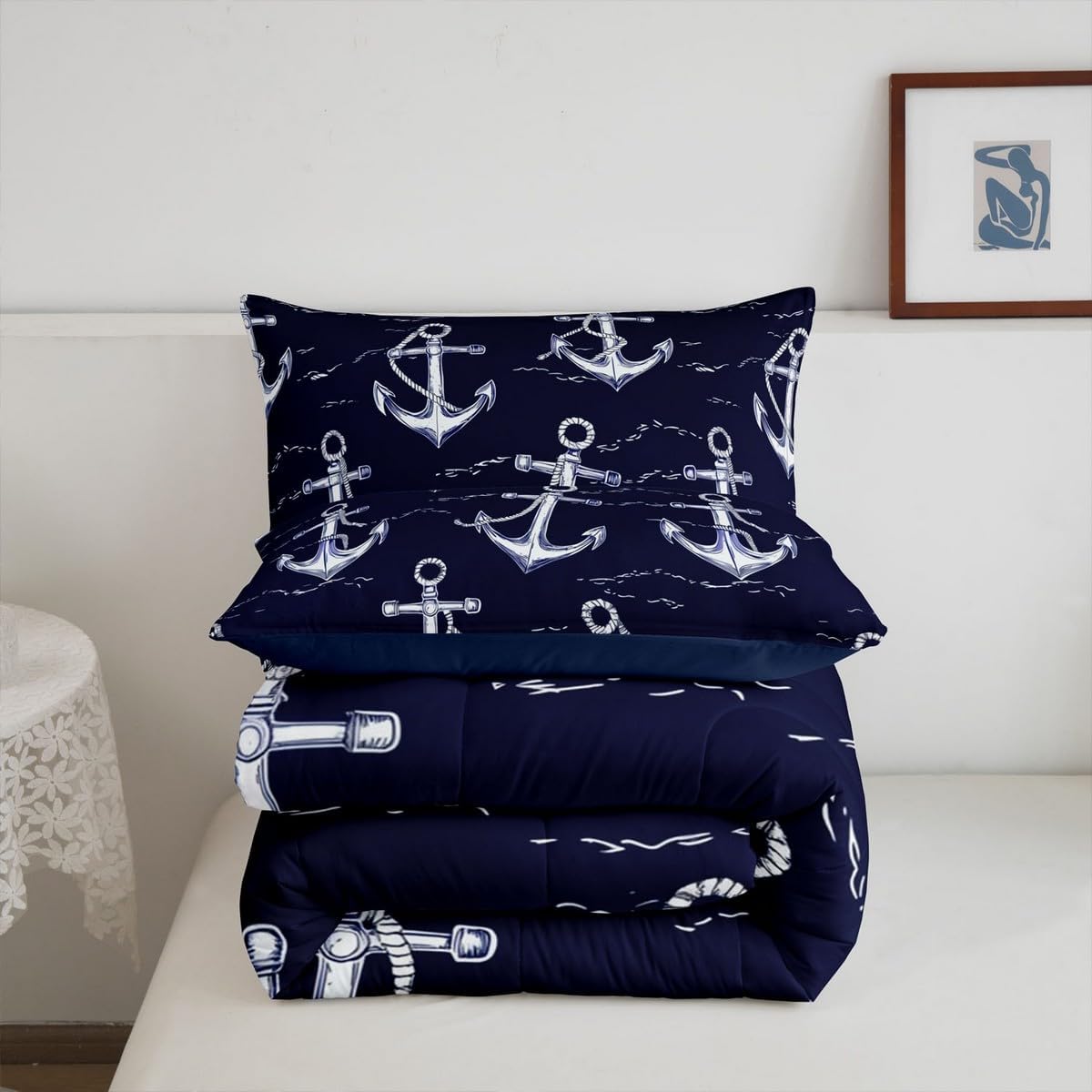 Feelyou Boys Girls Anchor Decor Comforter Set Full Size, Nautical Themed Duvet Insert Ocean Bedding Set Kids Teens Bedroom Decor Bed Set 3Pcs