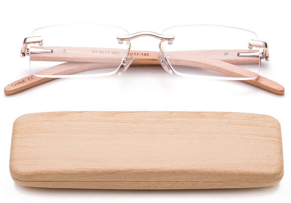 Wood Reading Glasses Lightweight Real Wood Arm Reading Glasses for Women & Men Stylish Rimless Design Rectangular Shape Spring Hinge for Comfortable
