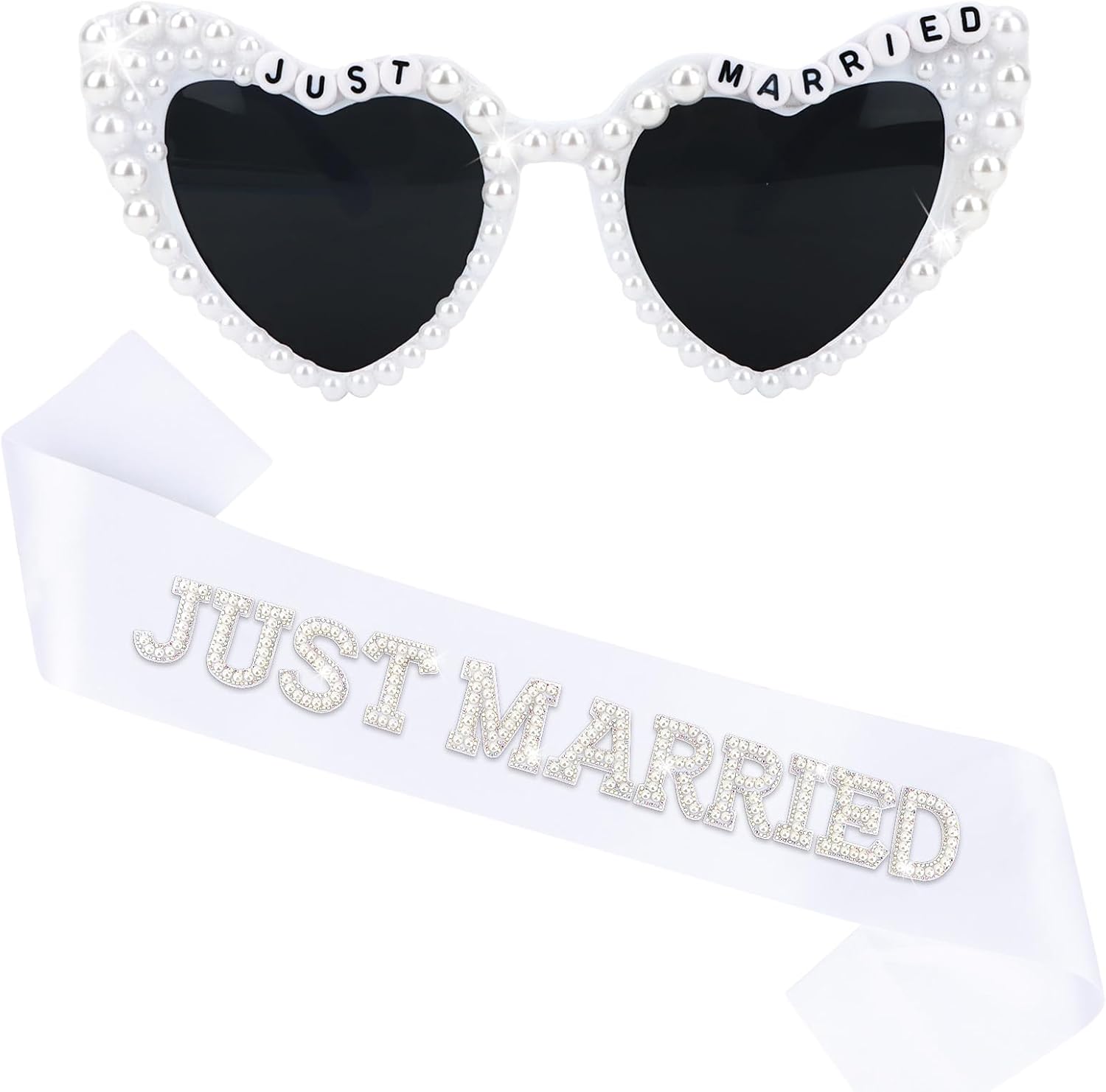 Jaciya Just Married Decorations Pearl Heart Sunglasses Just Married Sash Bachelorette Party Favors Photo Props for Bride