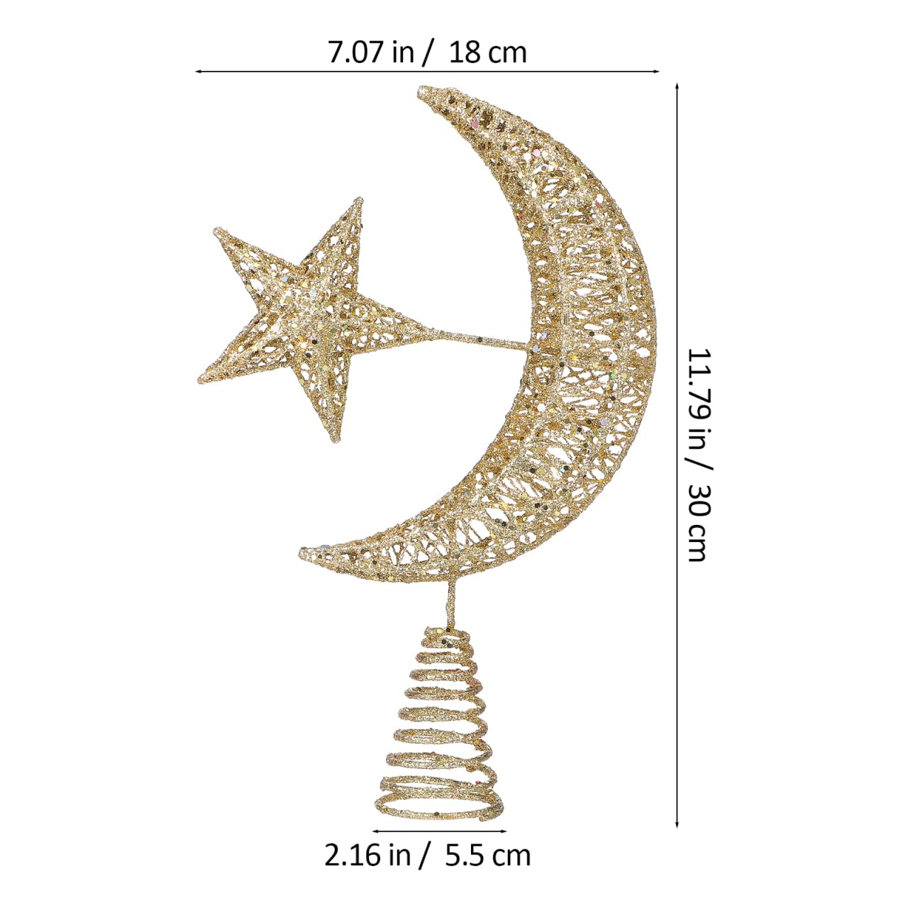 Angoily Cimier de sapin de Noël, étoile et lune à paillettes, décoration de sapin de Noël en fer pour fête de vacances, décoration d'intérieur, doré, 30 cm