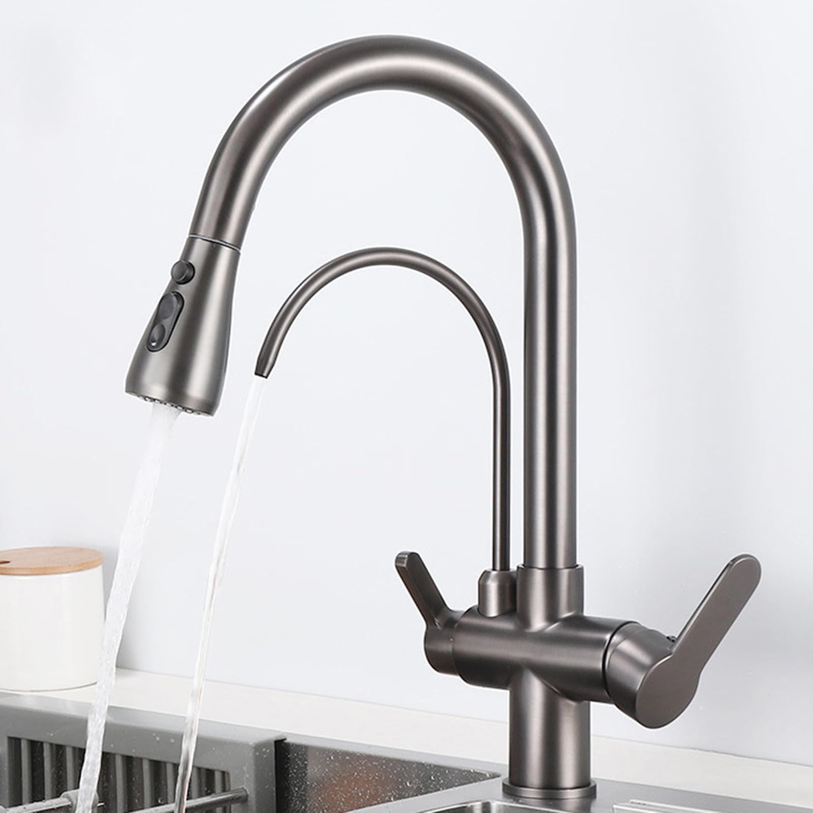 Csxsxauo Grigio Pistola Vintage Kitchen Faucet With Pull-Down Sprayer And Swan Neck Design, Durable For Sink Upgrades