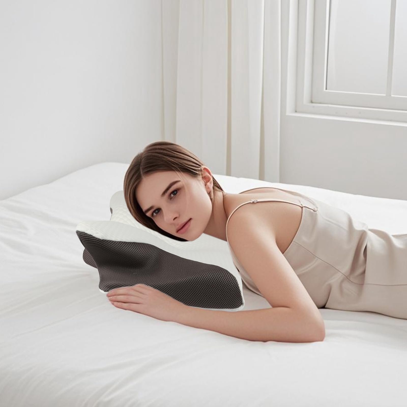 OHMG - Almohada ergonómica para dormir en el lado y en la espalda, cojín ortopédico de memoria ajustable 2 en 1, 58 x 37 x 14 cm (2P)