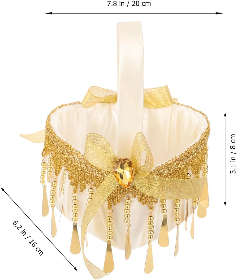 Wedding Flower Girl Basket Small Gold Rustic Handwoven Wedding Party Basket with Detachable Handle for Flower Ceremony Supplies