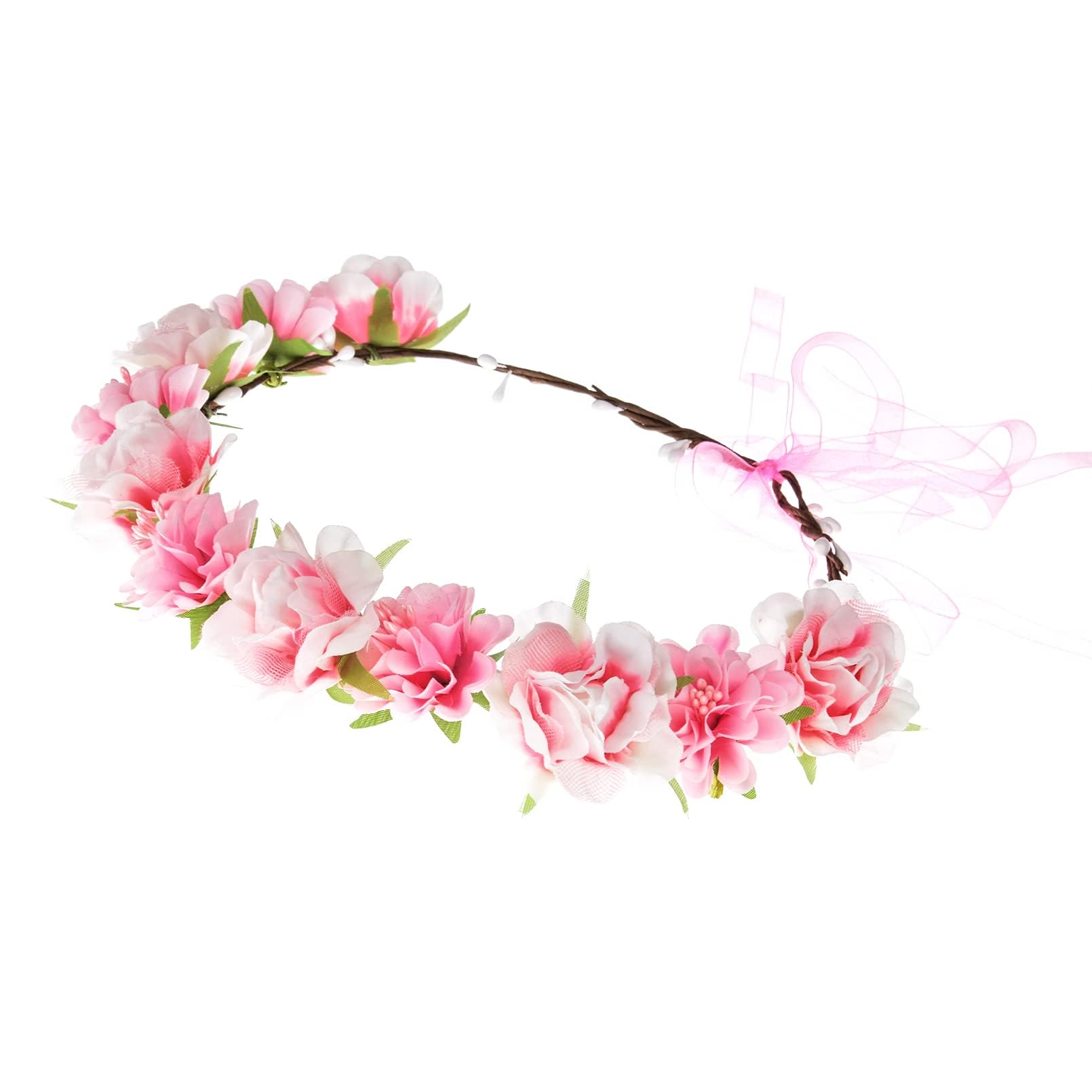 Merroyal Floral Crown Headband, Artificial Rose Design,Adjustable with Ribbon Ties (Pink, One Size) - Image 2
