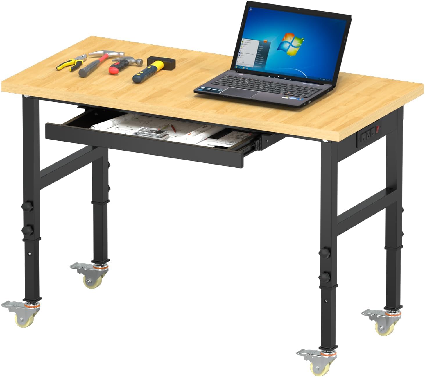 48" Work Bench with Storage, Adjustable Workbench with Drawers, Heavy-Duty Work Bench with Power Outlets, 2000 LBS Capacity Garage WorkBenchs, Work Table with Wheels for Workshop, Office