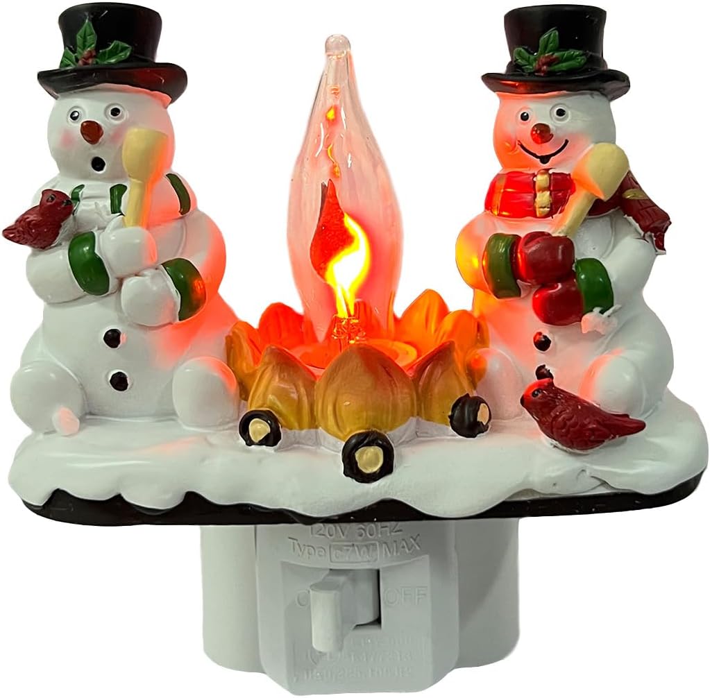 2025 Christmas Night Light, 3D Christmas Snowman Campfire Nightlight, Christmas Eve Campfire Flickering Night Light Gifts for Family, 120V Plug-in Powered for Festive Ambiance