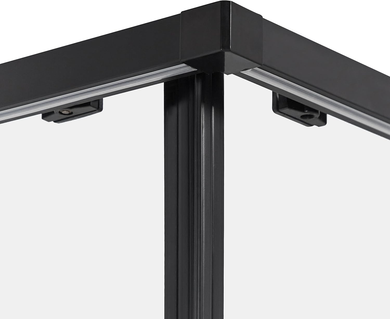 Close-up of the top corner joint of the black aluminum frame of the shower cabin.