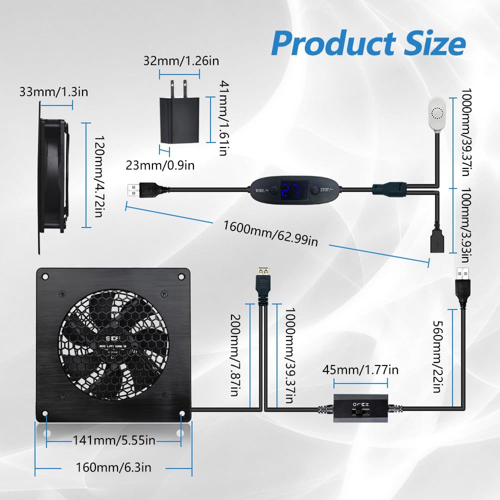Ventola di raffreddamento silenziosa USB da 120 mm, con controllo termostato regolabile da 0 a 60 °C, per armadi AV Home Theater, casa delle piante, cuccia per animali domestici (controllo della