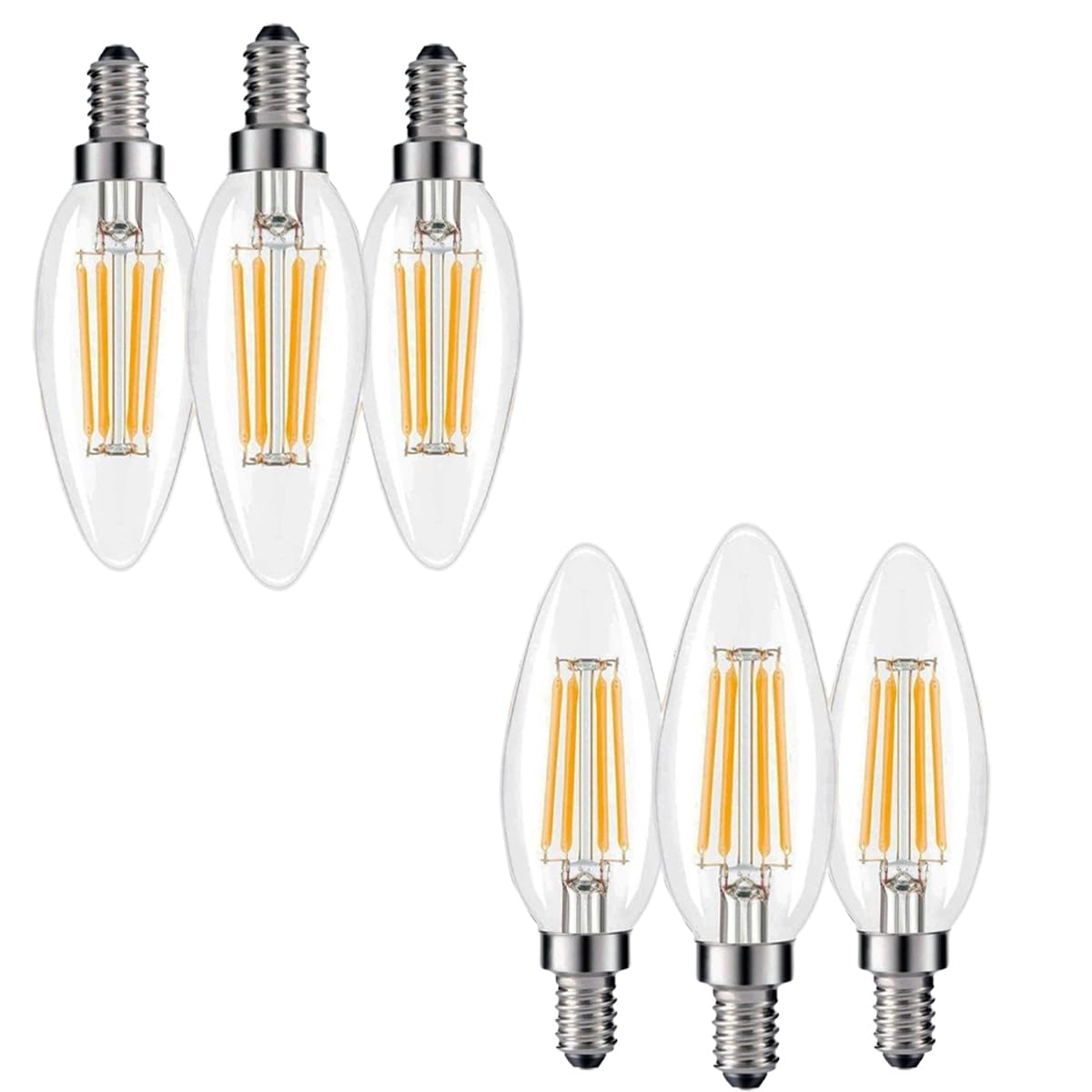 6 Pack E14 LED Candle Filament Bulbs Light Screw Warm White 4W 470 lumens Incandescent