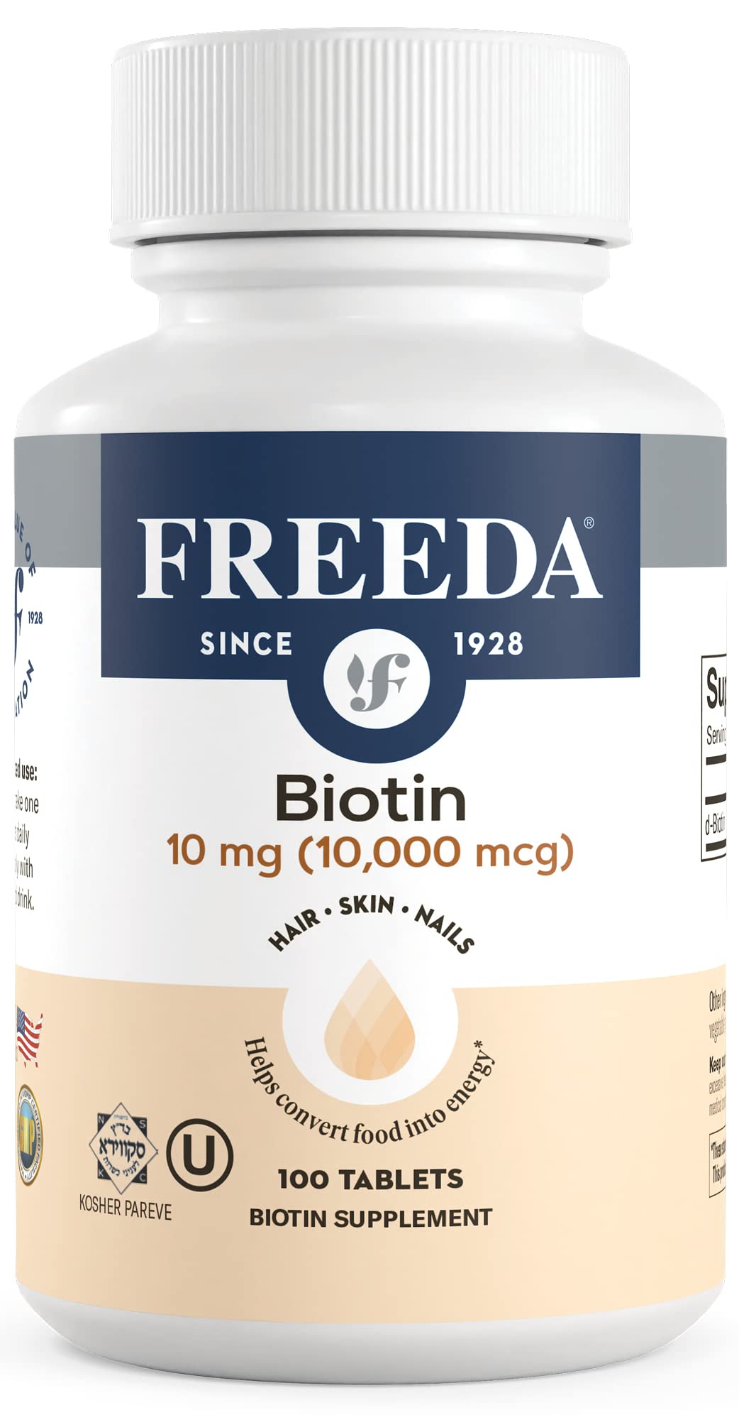 FREEDA Biotin 10,000 mcg Supplement - Tiny Tabs for Hair, Skin & Nails