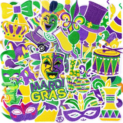 AUGSUN 60Pcs Mardi Gras Iron on Patches Carnival Embroidered Sew Applique