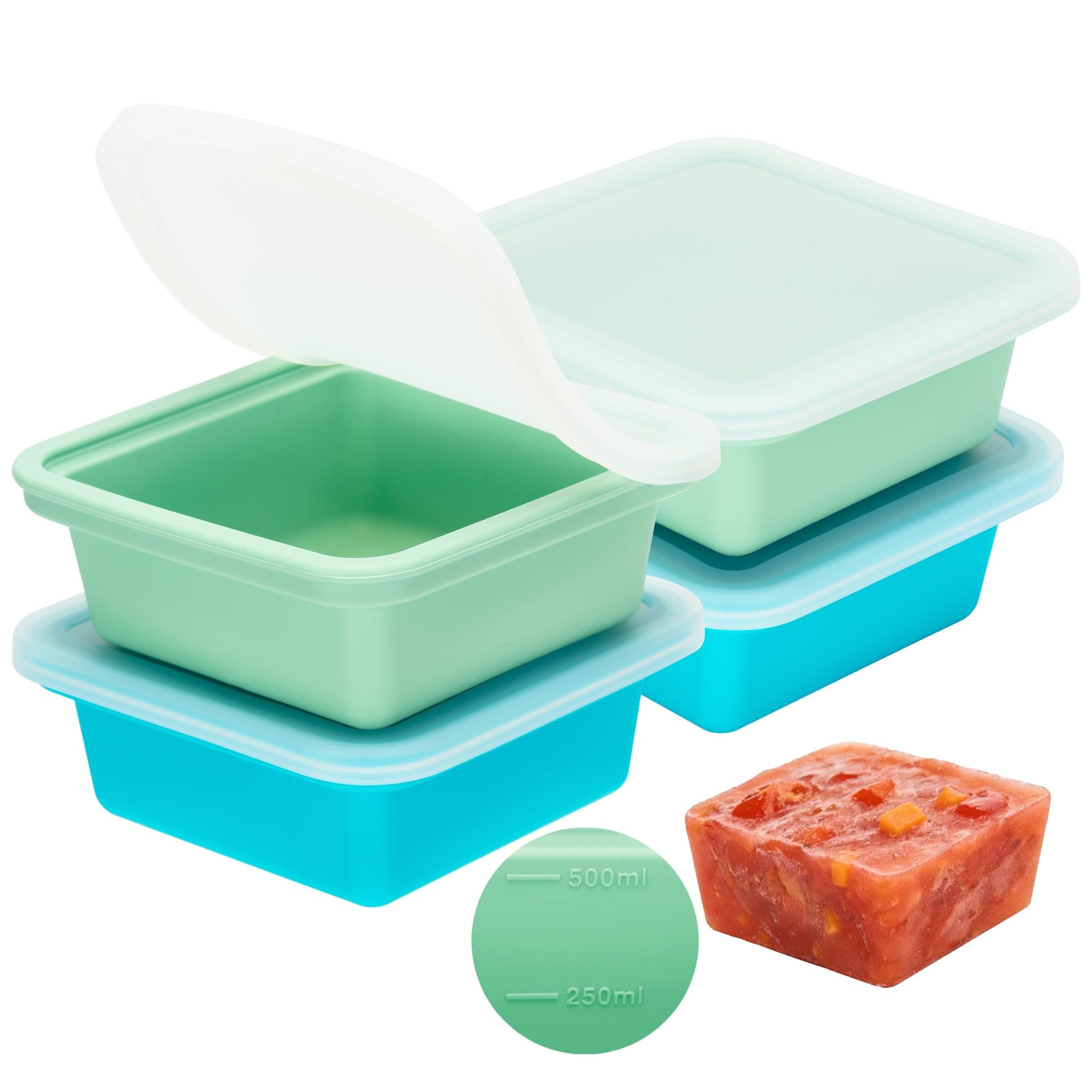 4 szt. silikonowych pojemników do zamrażania z pokrywkami, 500 ml każdy, pojemniki na zupę, sos, gulasz i meal prep, z podziałką 250 ml i 500 ml, BPA free, do kontaktu z żywnością, sztaplowane