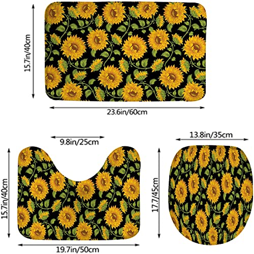 Badezimmerteppich-Set, 3-teilig, Vintage-Sonnenblumen, waschbare Badteppiche, rutschfest, mit Rückenpolster, Konturteppich und Toilettendeckelbezug – Bild 3