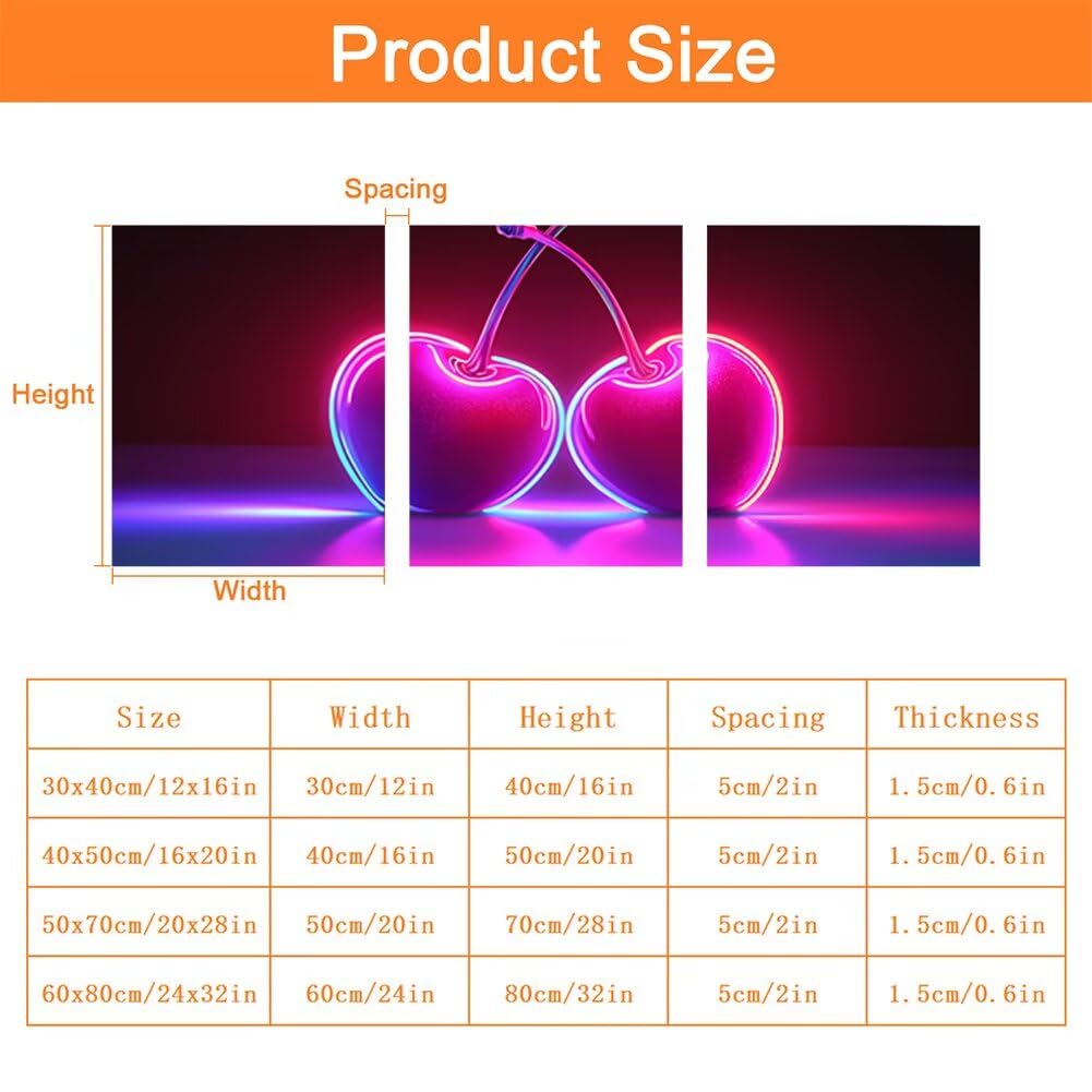 Wandbilder Kirsche 60x80cm, 3Pcs Leinwand Bilder Groß Wanddeko Wohnzimmer, Modern Leinwand Bilder mit Rahmen, Moderne Wandbilder Wohnzimmer Poster Set mit Haken, Wand Deko Schlafzimmer Poster, -2226