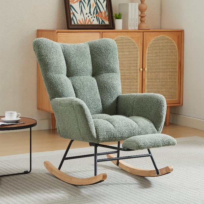 Accent Chair, Modern Rocking Chair Nursery, Living Room Furniture with High Backrest, Solid Wood Legs for Nursery, Bedroom & Living Room