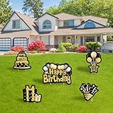 WATINC Set of 5 Happy Birthday Yard Signs with Stakes Black Gold Large Waterproof Lawn Sign Glittery Balloons Cake Gift Box Ribbons Birthday Party Decorations Supplies Photo Props for Outdoor Garden