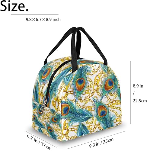 Miniatura 2 de Peacock Feather Lunch Tote Bag for Women Adult Men Gold Chains Insulated Lunch Box Small Leakproof Cute Lunchbox Cooler Bag Reusable Lunch Bag for
