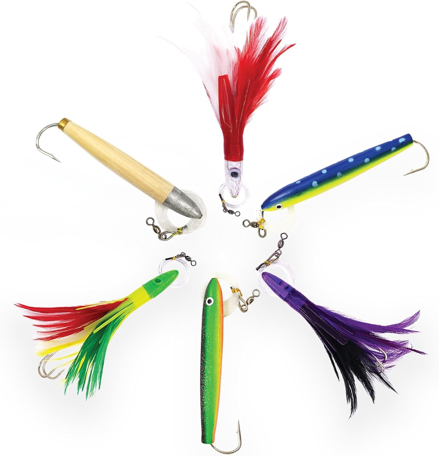Cedar Plug & Tuna Feather Lures Combo, 6 Pcs Rigged, for Offshore Fishing, Includes Saltwater Lure Bag, Ideal for Saltwater Trolling