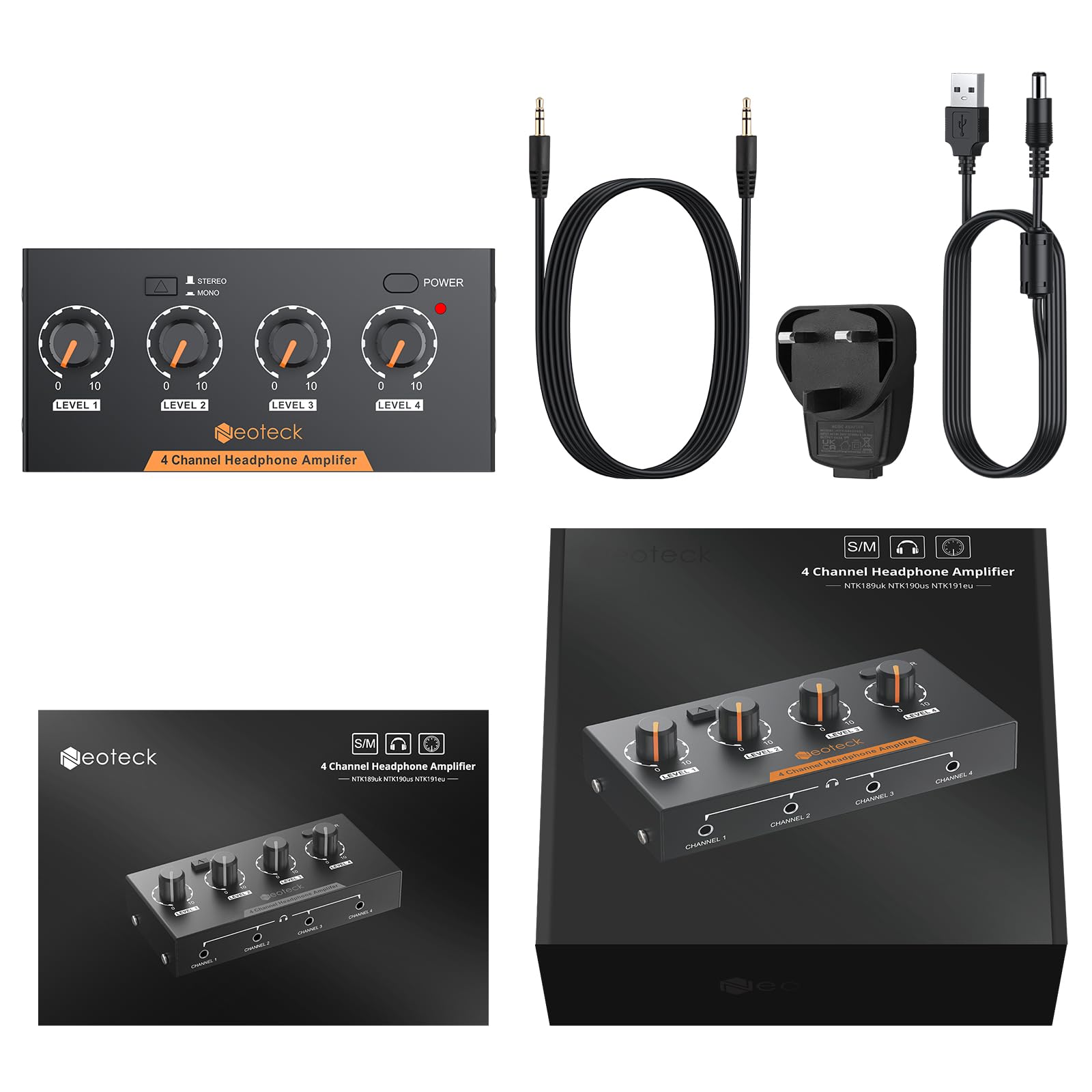 Neoteck Amplificatore per Cuffie 4 Canali Stereo Audio Mono/Stereo in Metallo con Cavo 3,5 mm