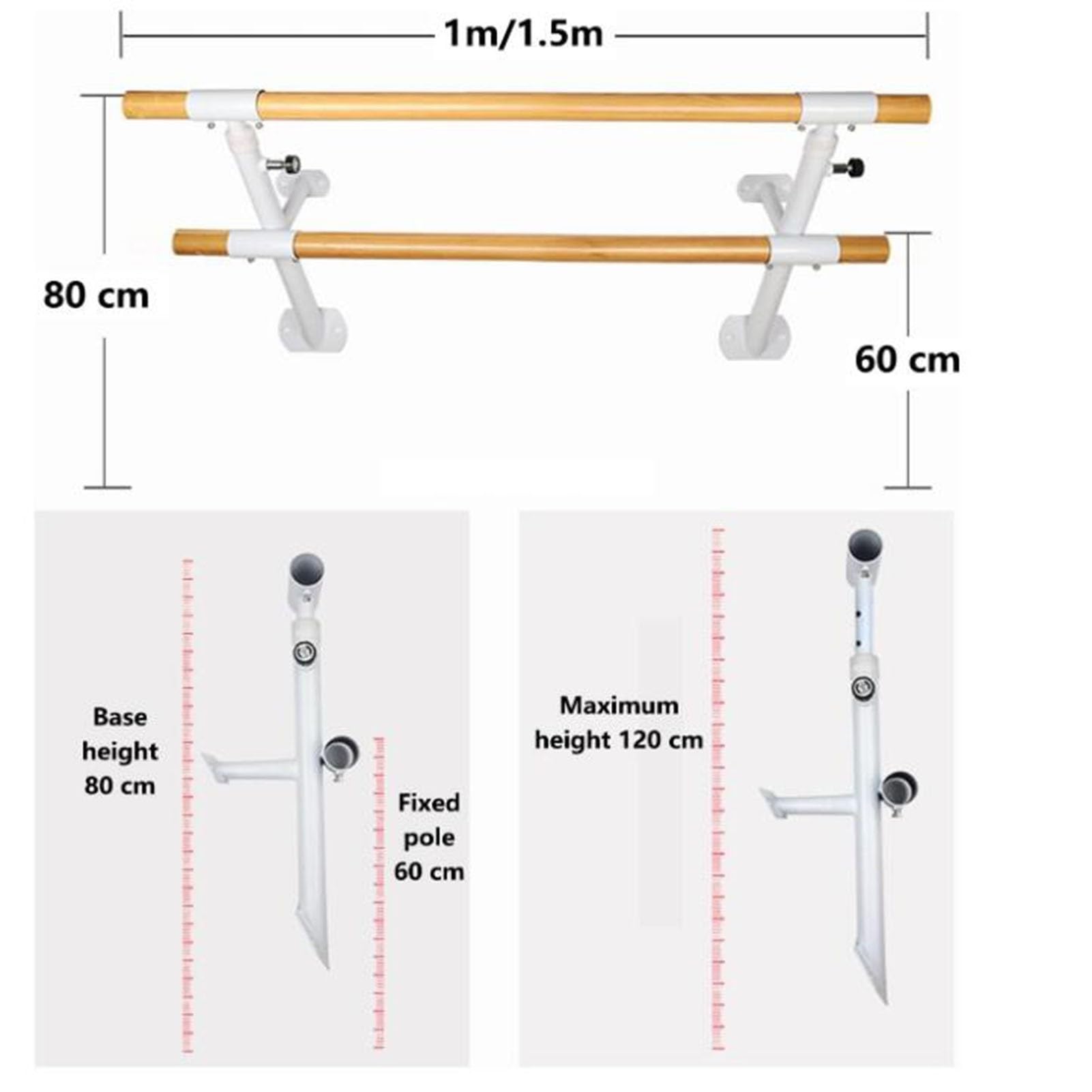 Barra De Ballet Montada Pared, Sistema Barra Ballet Madera Maciza Equipos Baile De Entrenamiento En Casa, Ajuste De Altura De Soporte Metal Duradero 80-120 Cm(100cm)