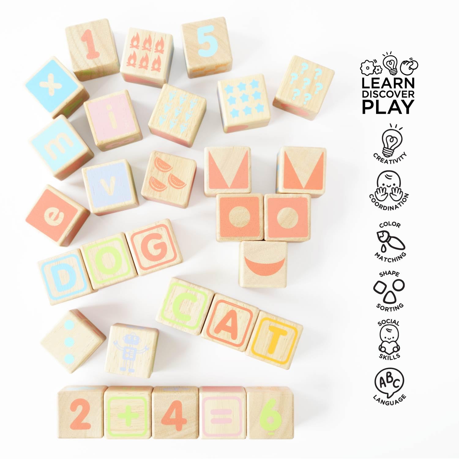 Le Toy Van Gioco educativo cubi in legno per bambini a partire da 1 anno, cubi alfabeto, Montessori, cubi impilabili con facce, puzzle 3D 30 pezzi, giocattolo ecologico, Petilou