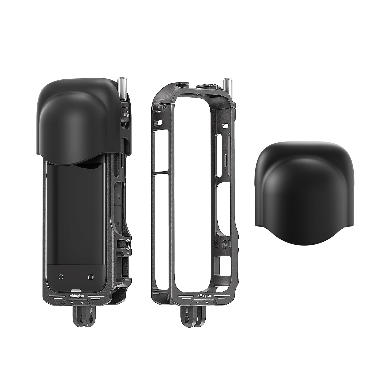 Aluminum Frame Cage Silicone Lens Cap Set for Insta360 X4, Metal Protective Case Housing Shell, Camera Stand Expansion Adapter with Foldable 2-Prong Mount and 1/4 Thread Hole