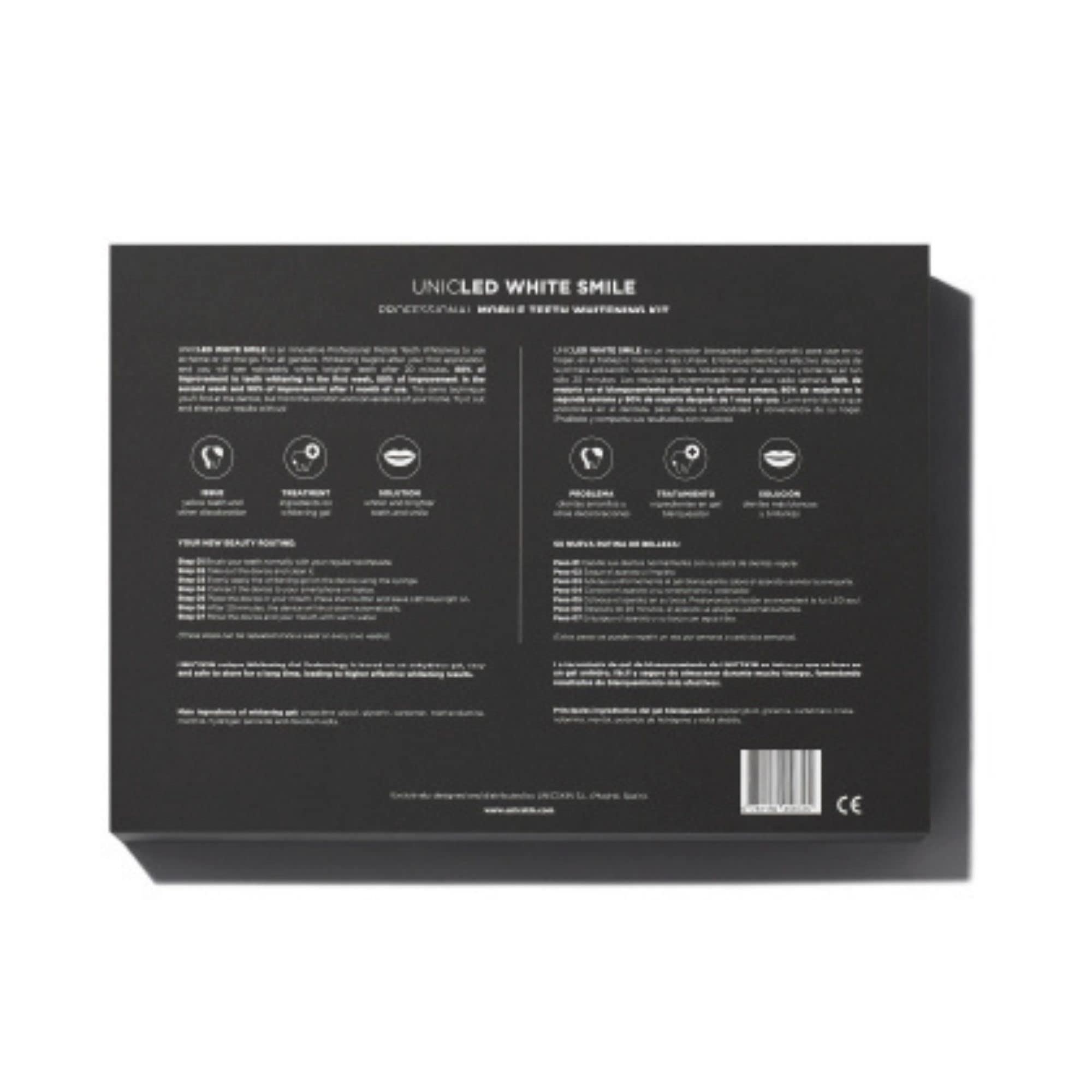 UNICSKIN - Teeth Whitening Kit - Unicled White Smile - Inklusive 2 Gelspritzen - Verbessert die Zahnfarbe um 5 bis 8 Nuancen - Ideal für Zuhause und Unterwegs