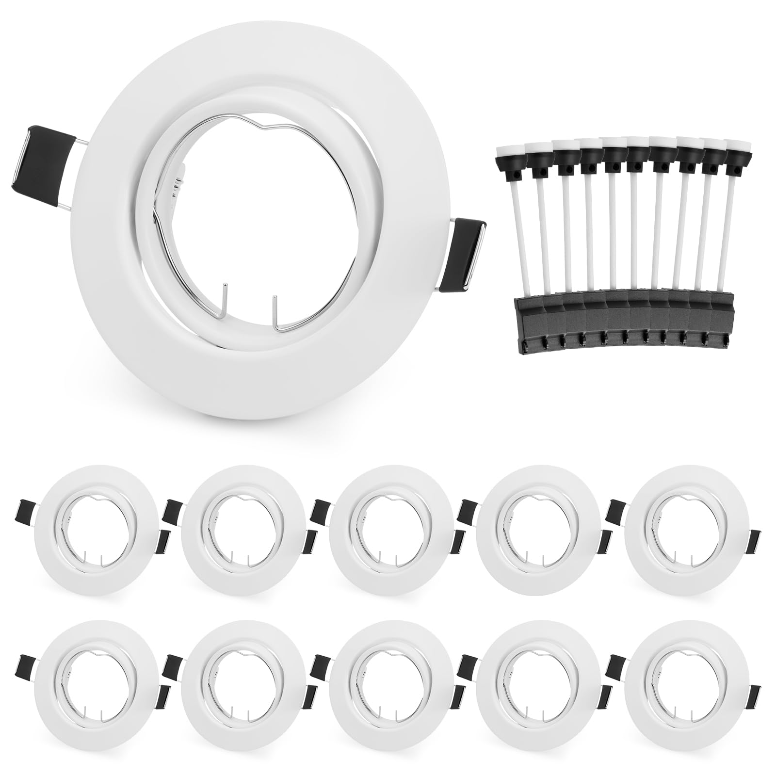 Leselux Einbaustrahler GU10 Set, 10x Einbaurahmen Weiß, Einbaustrahler Rahmen Schwenkbar 60°inkl. GU10 Fassung für LED, Halogen Leuchtmittel, Deckeneinbaustrahler Rahmen Rund Lochdurchmesser 68-80mm