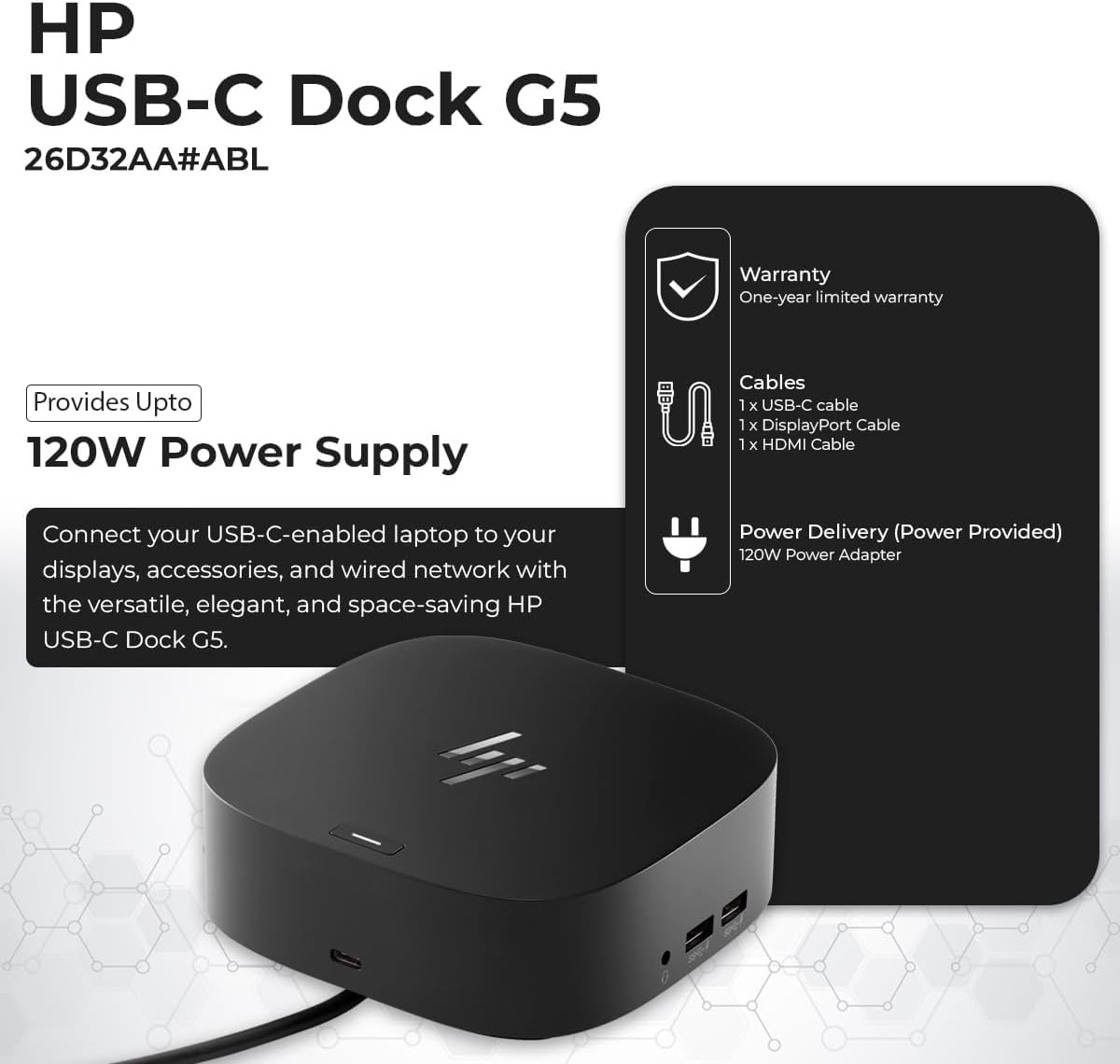 HP 26D32AA#ABL Docking Station G5 - HP Laptop Docking Station Dual Monitor Dock and Charging Bundle with 120W Adapter + HDMI Cable + DisplayPort Cable + USB-C Cable + Microfiber Cloth (Renewed) image 3 of 8 B0DKVDFSSZ