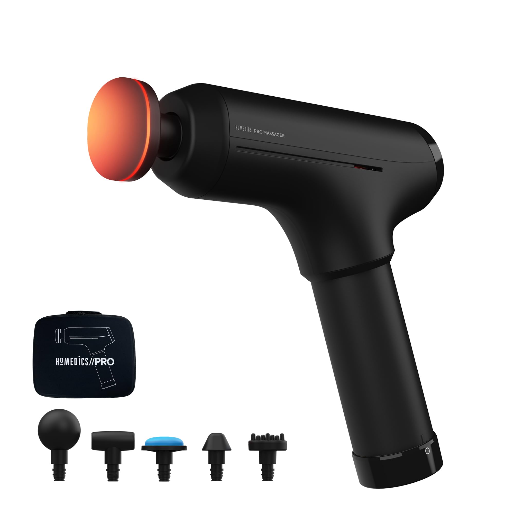 Homedics Pro Power Handheld Physiotherapy Massager Gun - Professional Deep Tissue Physio Massaging Gun, Heated Head to Aid Relief of Muscle Tension, 6 Massage Heads, Cordless, Rechargeable - Black