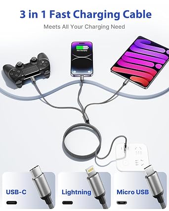 Multi Charger Cable, 3 in 1 Fast Charging Cable [1.2M] 3A Nylon Braided Multiple Charger Cable with Micro USB Type C Lightning Connector for iPhone 17 16 15 14, Samsung, Huawei, Nexus, LG, Nokia, Sony