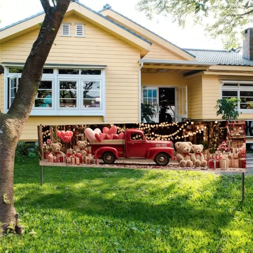 Image of Valentine Banner 78.74 x 17.72 Inch Red Pickup Truck with Teddy Bears Hearts and Gifts Romantic Festive Scene for Porch Sign Hanging Decoration Valentine Party Display