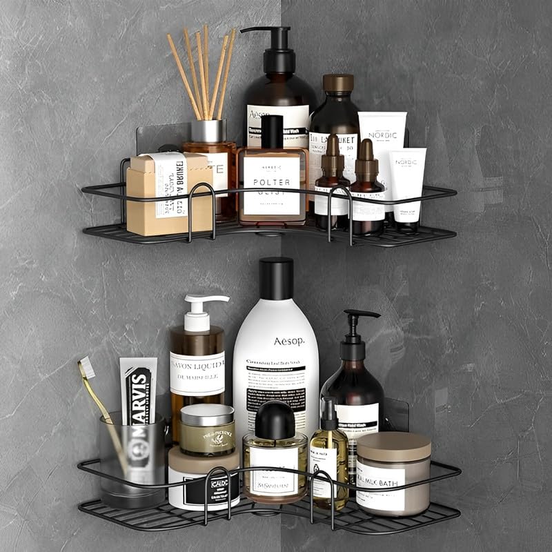 Image of Puno Steel Corner Shelf Rack (Pack of 2) - No Drill Self Adhesive Bathroom Wall Organizer | Matte Black Rustproof Kitchen Storage Rack for Toiletries & Bottles